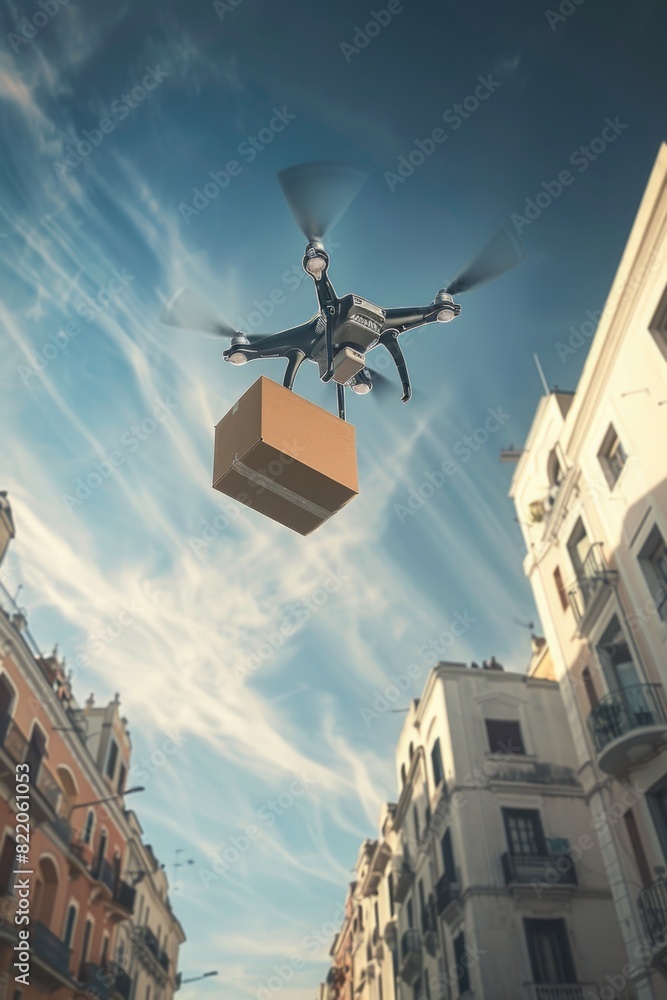 Poster a drone flying over a city with buildings in the background. suitable for technology and urban devel