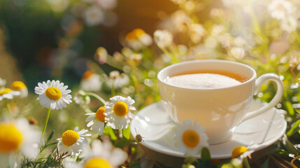 Cup of delicious chamomile tea and fresh flowers outdo