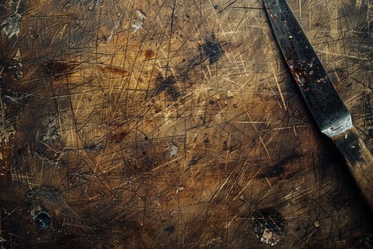 A knife resting on a wooden cutting board, ideal for kitchen and cooking concepts