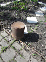 A weathered metal bucket stands amidst a cottage garden, its once bright hue now muted by time and the elements.