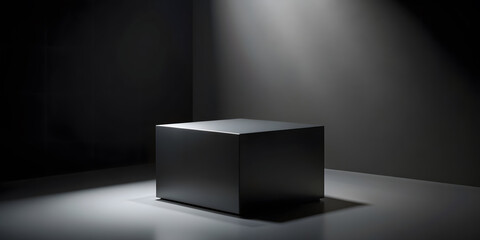 Black podium or pedestal display on dark background with cube platform