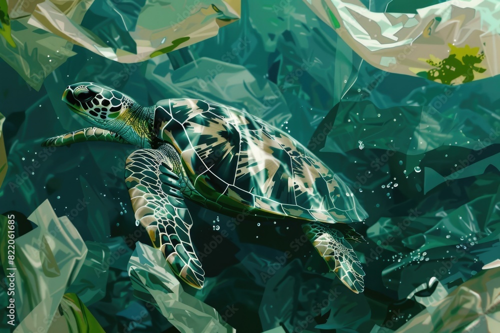 Poster a serene image of a turtle gracefully swimming in the ocean. ideal for nature and wildlife themes