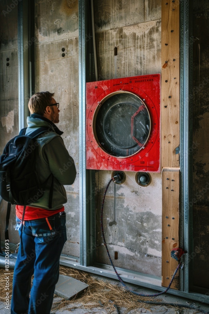 Fototapete a man standing in front of a red clock. suitable for time management concepts