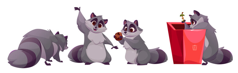 Racoon cartoon character in different poses and face emotions. Comic wild animal mascot with various expressions - searching food in trash can, waving hand, standing with back, sitting with cookie © klyaksun