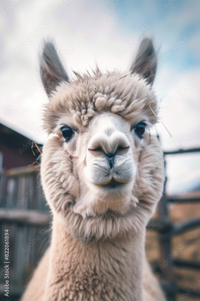Aufkleber close up of a llama looking at the camera, suitable for various projects