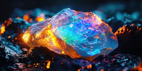 A glowing rock sitting on top of a pile of rocks. Perfect for nature and geology concepts