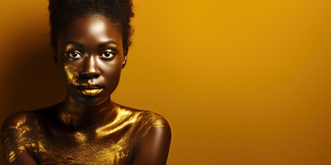 Gold background sad black independant powerful Woman realistic person portrait of young beautiful bad mood expression girl Isolated on Background racism skin color 