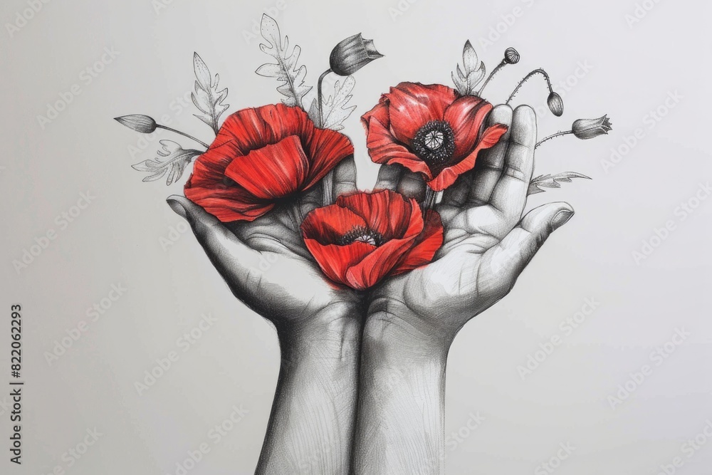 Poster a drawing of two hands holding red flowers. suitable for various design projects