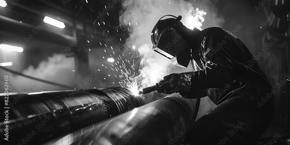 Poster a man welding a pipe in a factory. suitable for industrial concepts