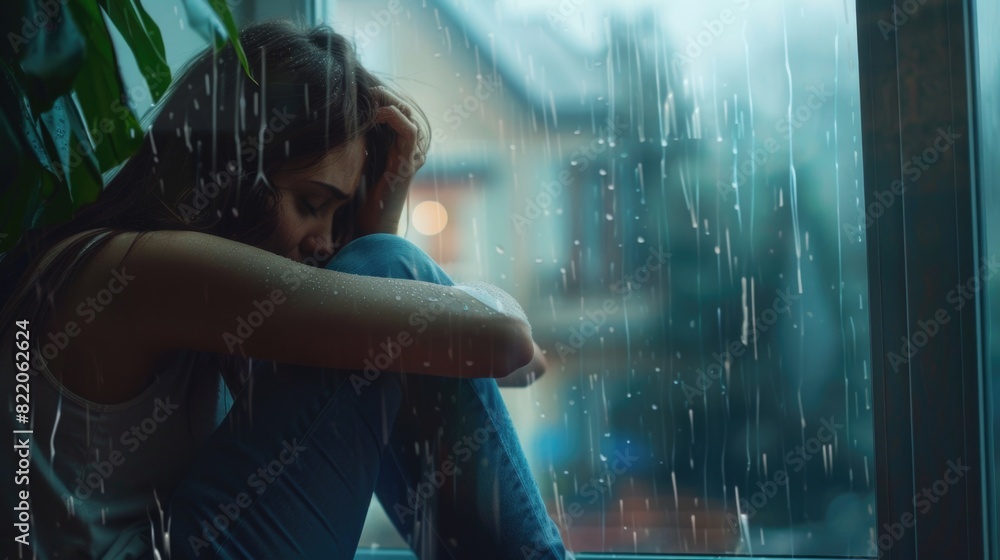 Poster A woman sitting on a window sill in the rain. Suitable for various concepts and themes