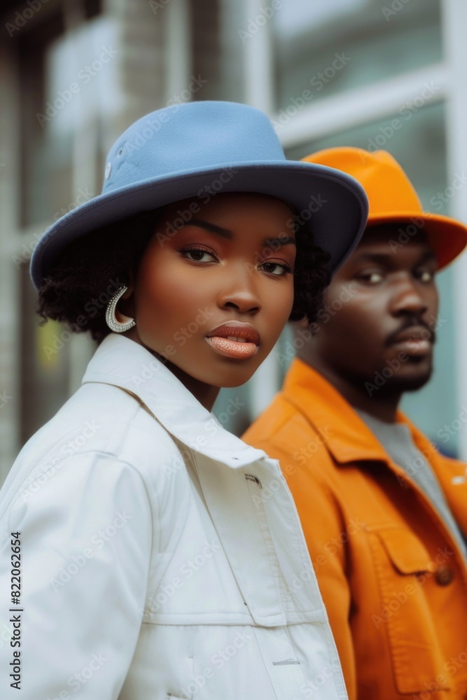 Poster a man and a woman wearing hats standing next to each other. suitable for various concepts and design