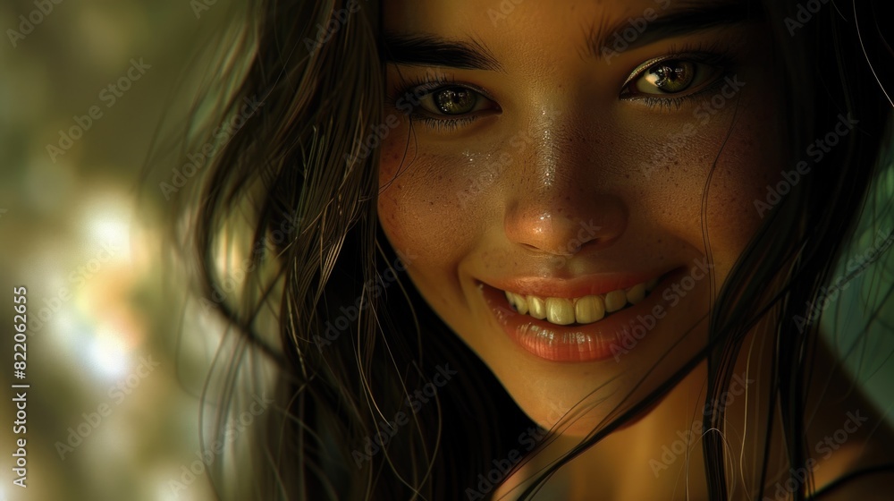 Poster a close-up of a woman with a smile on her face. suitable for various concepts and designs