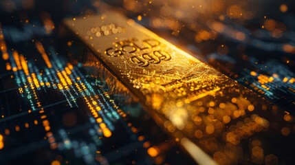 Close-up of a gold bar with engraved serial numbers and overlaying trading graphs