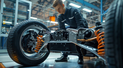 Obraz premium Assembly line worker installing electric drive systems into vehicle chassis.