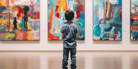 A little boy stands in an art gallery, looking at colorful paintings hanging on the wall behind him, dressed in jeans and sneakers, with his back to the camera.