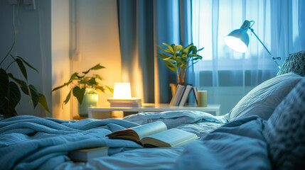 A modern, minimalist bedroom features light blue bedding and an open book on the bed, with soft lighting from lamps casting gentle shadows across the clean white walls.