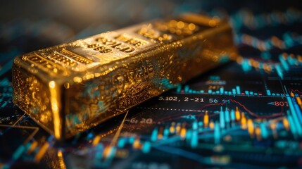 Close-up of a gold bar with financial charts and market indicators