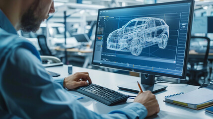 CAD designer creating detailed blueprints for new vehicle models.