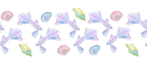 purple aquarium fish and different shells horizontal border watercolor illustration isolated on white background base for textile design, stickers, cards, banners.