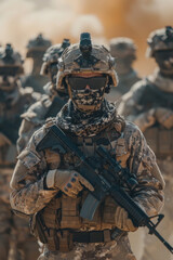 Fototapeta premium Modern soldiers stand in formation, with the soldier at the center wearing an advanced black helmet and mask with night vision goggles and holding a rifle.
