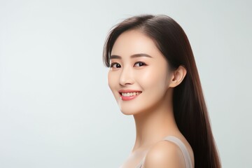 Gray background Happy Asian Woman Portrait of young beautiful Smiling Woman good mood Isolated on Background Skin Care Face Beauty Product Banner with copyspace 