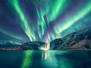 Dancing green auroras light up the night sky over a waterfall, evoking awe, wonder, and tranquility amidst majestic natural beauty