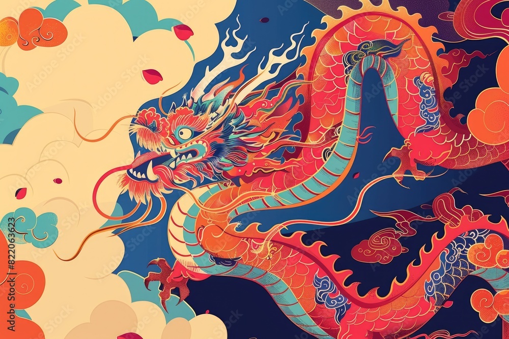 Poster A majestic red dragon soaring through the clouds. Perfect for fantasy and mythical themed projects