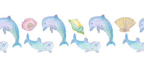 two dolphins with smile emotion and different seashells horizontal border watercolor illustration isolated on white background base for textile design, stickers, cards, banners.