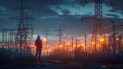 Electrical substation engineer inspect modern high-voltage equipment.