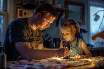 He helps his daughter learn how to sew.