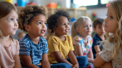 Group of small nursery school children sitting and listening to teacher on floor indoors in classroom.