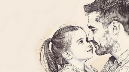 Line art style illustration of father and daughter on minimal background, love care support father day and parenthood concept