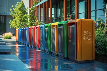 Obraz premium sleek lines and vibrant colors of recycling bins in a modern, photorealistic digital rendering Emphasize the textures and shine of the metal and plastic materials
