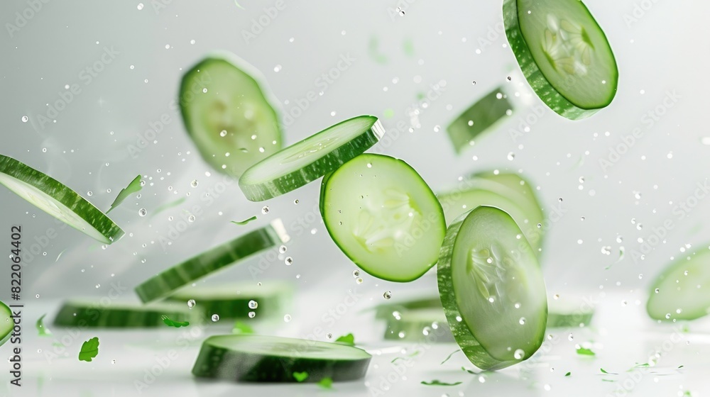 Poster sliced cucumber slices falling in the air, suitable for food and cooking concepts