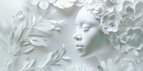 A woman's face beautifully surrounded by vibrant flowers and leaves. Perfect for beauty and nature concepts