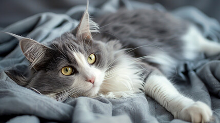 Cute cat relaxing on grey fabric. Lovely pet