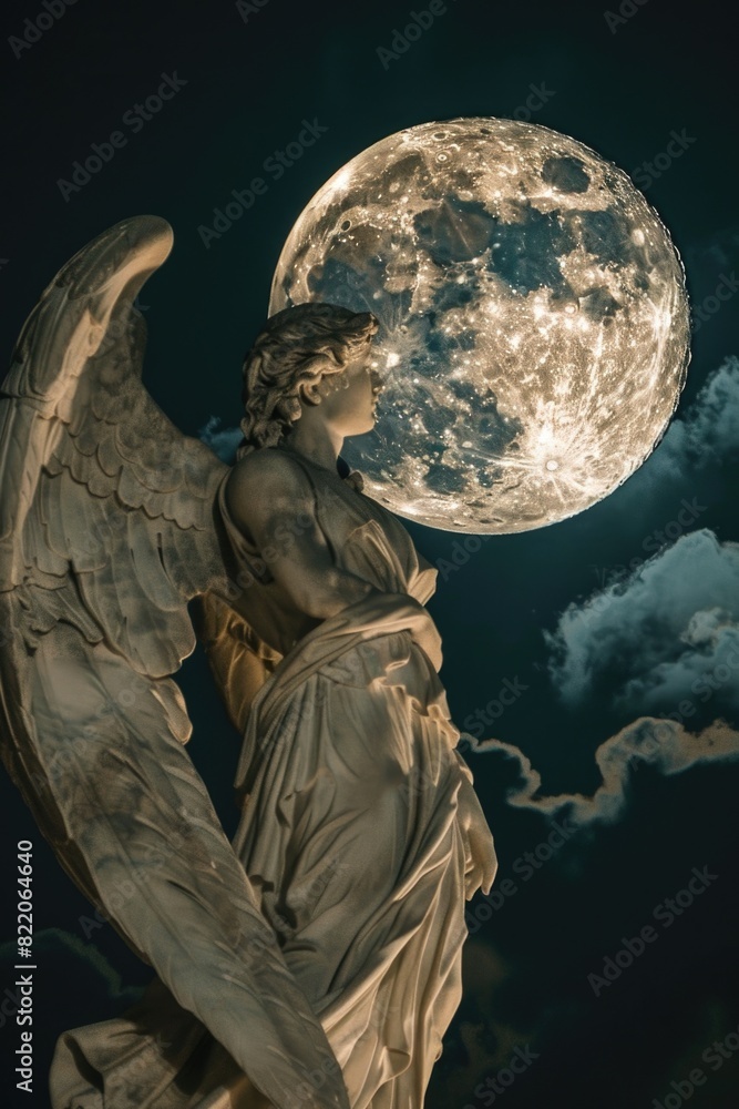 Poster a serene angel statue with a glowing full moon in the background. suitable for religious or mystical