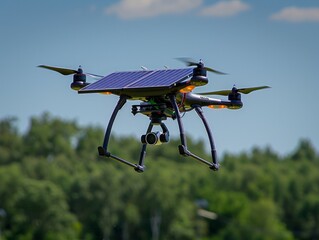 A drone equipped with a solar panel hovers above a lush, green forest, symbolizing innovation, sustainability, and technology in harmony with nature