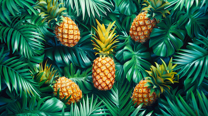 Fototapeta premium Bright Yellow Pineapples in a Creative Pattern on Pastel Background, Tropical Fruit Arrangement