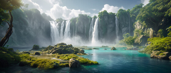 Majestic waterfall landscape with multiple cascading falls, lush green islands, misty atmosphere, and dramatic clouds, creating a serene and breathtaking natural paradise Wallpaper Digital Art Poster 