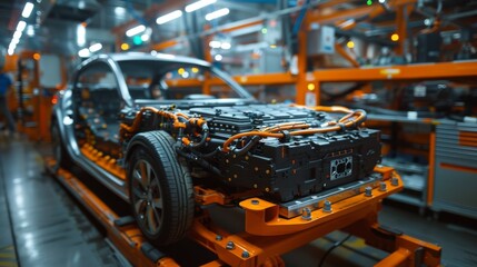 Fototapeta premium Detailed view of an EV car's battery being tested and serviced