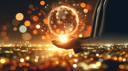 Business man holding globe with business network