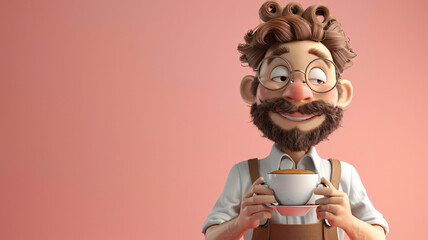 3d barista character in eyeglasses holding a cup of coffee on isolated color background with space for copy