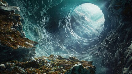 A cave filled with water and rocks, perfect for adventure and exploration