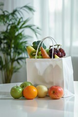 A variety of fresh fruits and vegetables in a paper bag, perfect for healthy eating concepts