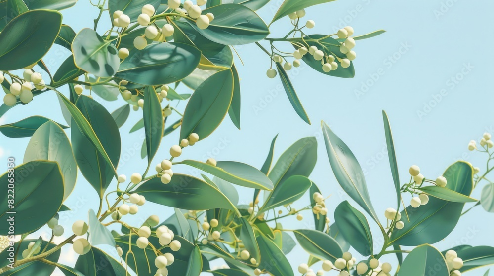 Poster close-up view of a tree with vibrant green leaves and delicate white flowers. suitable for nature an