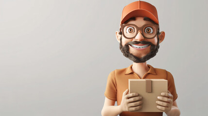 3d delivery man character in eyeglasses holding a parcel box on isolated color background with space for copy