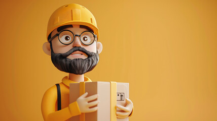 3d delivery man character in eyeglasses holding a parcel box on isolated color background with space for copy