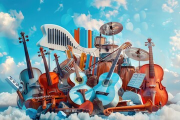 Various musical instruments floating in the sky, suitable for music-related designs