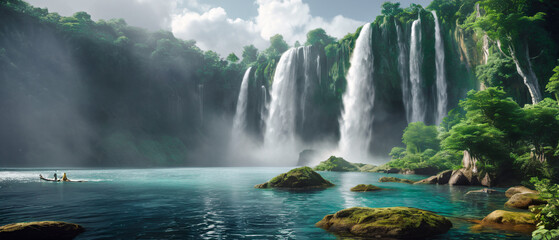Majestic waterfall landscape with multiple cascading falls, lush green islands, misty atmosphere, and dramatic clouds, creating a serene and breathtaking natural paradise Wallpaper Digital Art Poster 